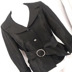 NWT! NICOLETTE! BLACK "RAW" SATIN LOOK BELTED, RHINESTONE DETAILED JACKET! SZ 8